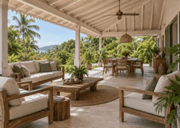 Terrasse créole couverte, avec salon en bois et coin repas ouverts sur un jardin tropical.